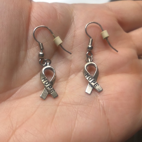 Dangly Silver Earrings with Breast Cancer Hope Ribbon - Picture 1 of 4
